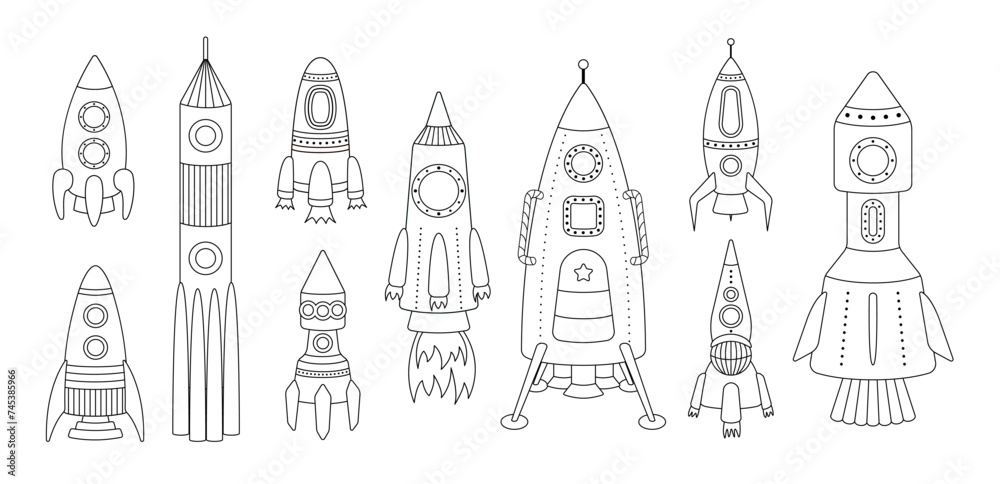 Big set of rockets. Coloring page. Black and white rocket. Vector Big set of rockets. Coloring page. Black and white rocket. Vector