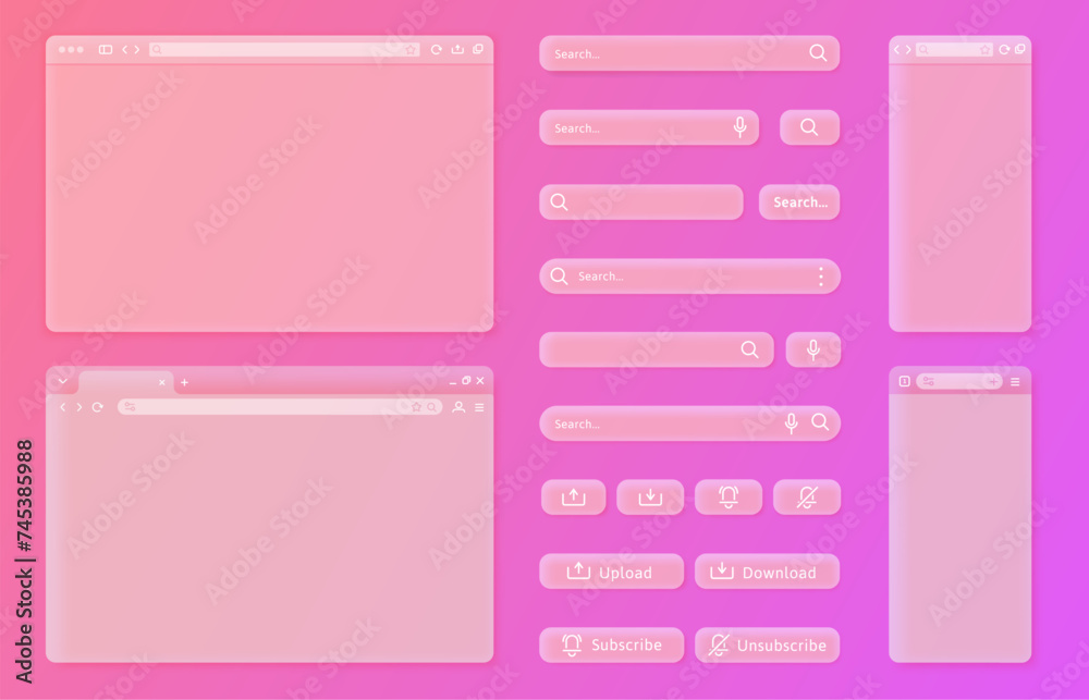 Transparent internet browser window. User interface elements, search bars and action buttons vector UI template set - obrazy, fototapety, plakaty 