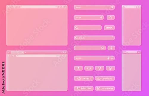 Transparent internet browser window. User interface elements, search bars and action buttons vector UI template set