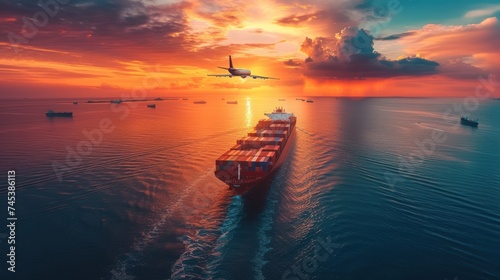 cargo ship in the middle of body of water with a plane flying over the top of it.