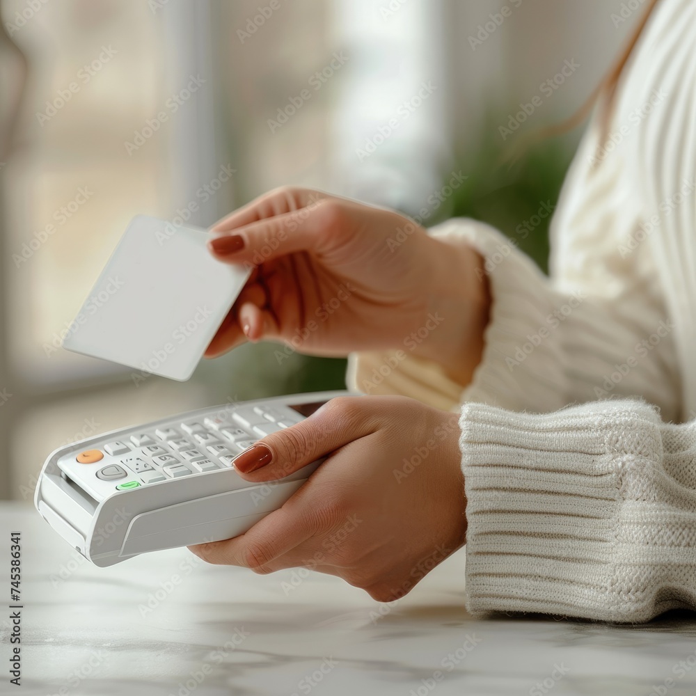 Woman holding a credit card above a payment terminal Woman holding a credit card above a payment terminal