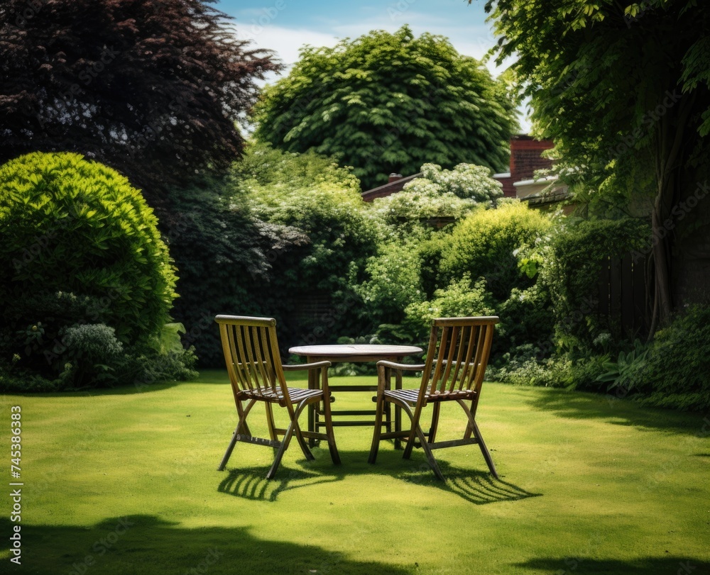 Wooden table and chairs on lush green field.