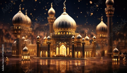 Intricately crafted mosque model illuminated by golden lights for ramadan celebration.