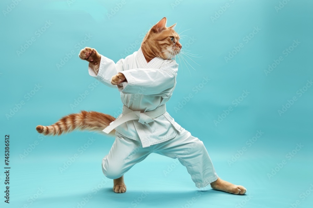 A ginger cat in a karate uniform performing a mid-kick on a light blue background. Place for text A ginger cat in a karate uniform performing a mid-kick on a light blue background. Place for text