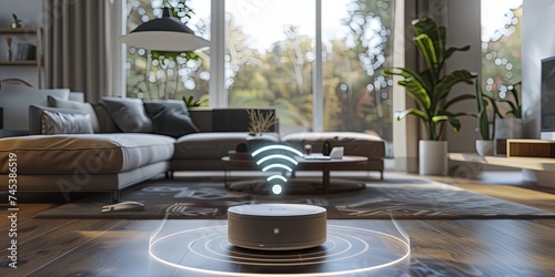 A wifi extender, Blue wifi symbol, Connected smart home. Generative AI.