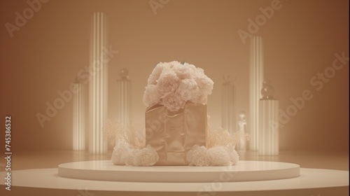 a white teddy bear sitting on top of a white table next to a white vase filled with white pom poms. photo