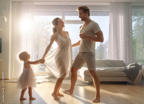 Man and Little Girl Dancing in Living Room