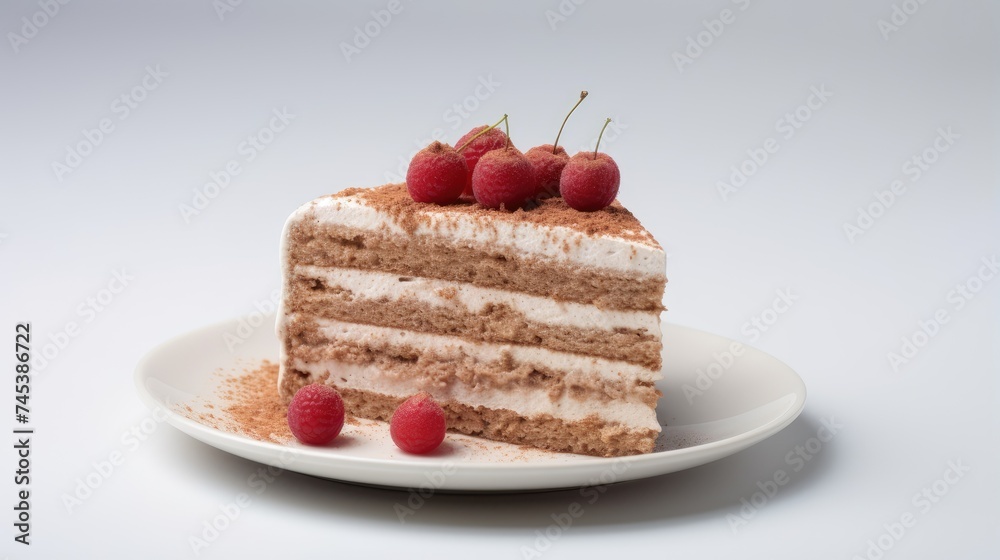 A piece of chocolate cake is decorated. Fresh appetizing dessert. Illustration for cover, card, postcard, interior design, decor, advertising or marketing. A piece of chocolate cake is decorated. Fresh appetizing dessert. Illustration for cover, card, postcard, interior design, decor, advertising or marketing.