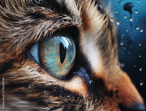 a close up of a cat's eye with drops of water on the outside of the cat's eye. photo