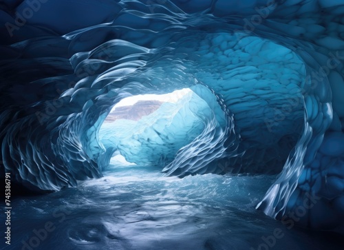 Majestic Ice Cave With Flowing Water