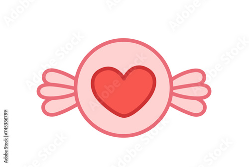 Pink candy. Sweet with red heart. Cartoon, vector