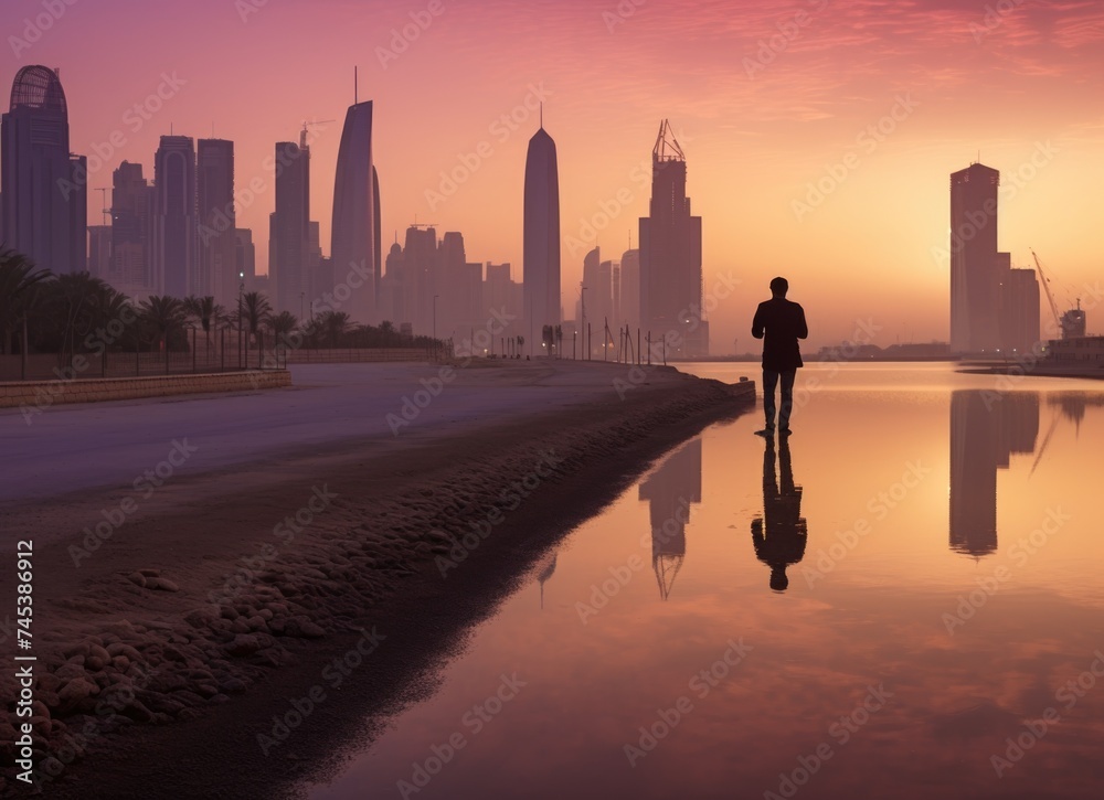 Man Standing on Beach in Front of City