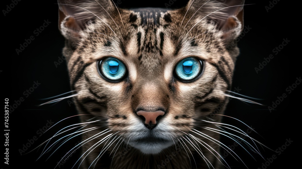 a close - up of a cat's face with a blue - eyed cat's face in the background.
