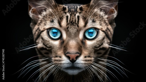 a close - up of a cat's face with a blue - eyed cat's face in the background.