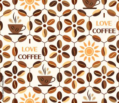 Seamless geometric pattern with icons of coffee beans  coffee cups  sun  text I Love Coffee in hexagonal grid. Retro simple style. For branding  decoration of food package  kitchen textile