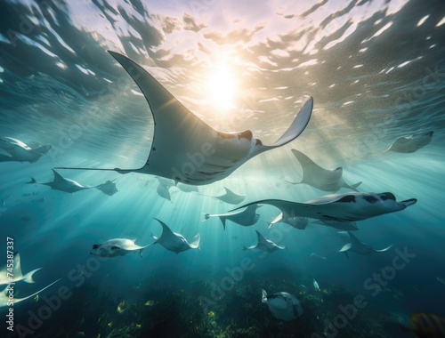 Majestic manta rays gliding through sunlit waters amongst diverse marine life.