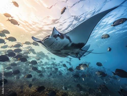 Majestic Manta Rays Gliding Through Sunlit Waters Amongst Diverse Marine Life
