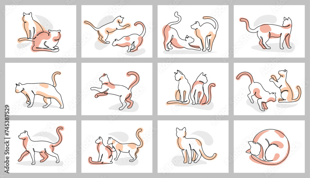 Continuous one line cat posters. Cute cats playing, grooming, stretching and lounging. Minimal feline and kittens for pet designs vector illustration set Continuous one line cat posters. Cute cats playing, grooming, stretching and lounging. Minimal feline and kittens for pet designs vector illustration set