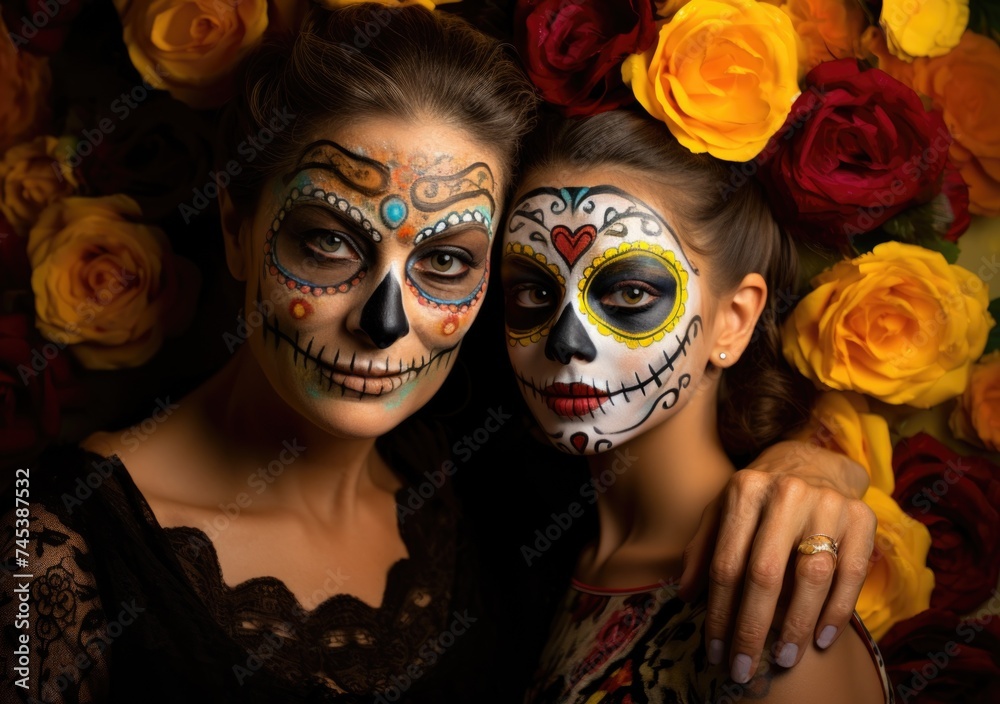 Mother and daughter celebrating day of the dead with traditional makeup and marigolds. Mother and daughter celebrating day of the dead with traditional makeup and marigolds.