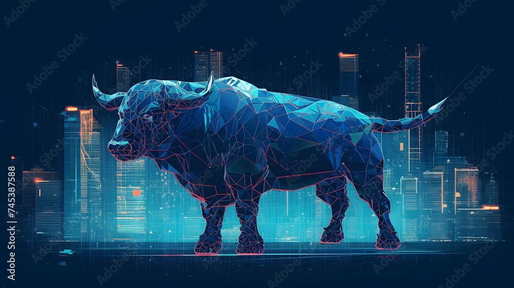 an bull is on a blue background with a city in backdrop