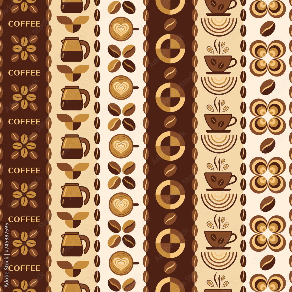 Obraz premium Seamless pattern with icons of coffee cup, pot, beans, geometric shapes. Vertical striped background. Good for branding, decoration of coffee package, decorative print. Simple flat style