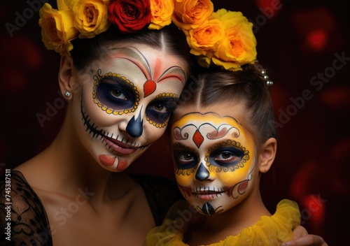 Mother and Daughter Celebrating Day of the Dead With Traditional Makeup and Marigolds