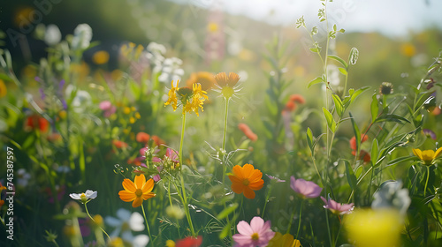 Uma vibrante coleção de flores silvestres em um campo exuberante capturada em close com luz suave © Alexandre