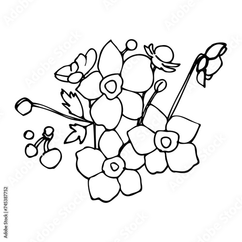 flowers, tattoo, sketch, freehand drawing, floristry, contour, one line, vector, twig, leaves, petal, leaves, nature, organic