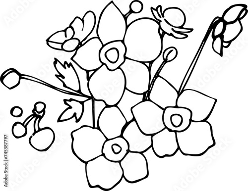flowers, tattoo, sketch, freehand drawing, floristry, contour, one line, vector, twig, leaves, petal, leaves, nature, organic