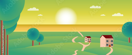 Vector flat illustration. Mountain landscape. Cartoon style. Meadows, forest, picturesque, mountains on the background of the horizon. Perfect for screensavers.