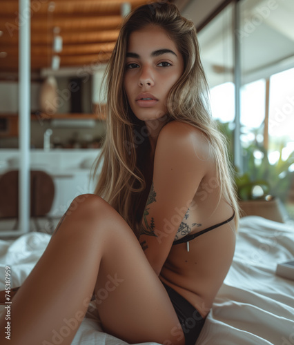 Pretty Brazilian female Influencer model posing for a Social Media Picture: Young sexy and beautiful brunette Brazilian teen woman with tattoos poses in black lingerie on her bed