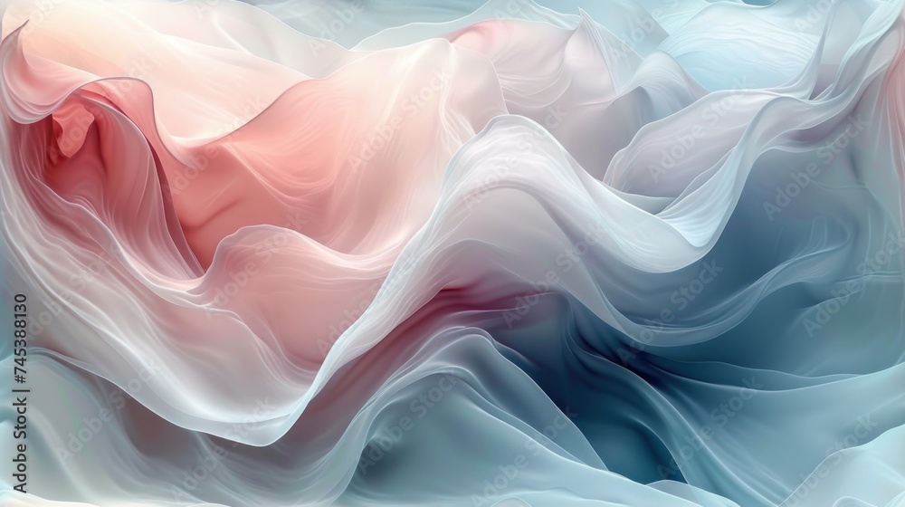 a computer generated image of a wave of white, pink, and blue liquid on a blue background with a red center in the middle of the image.