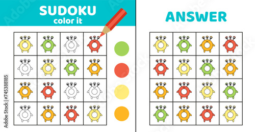 Sudoku with round alien. Coloring sudoku with alien. Cartoon