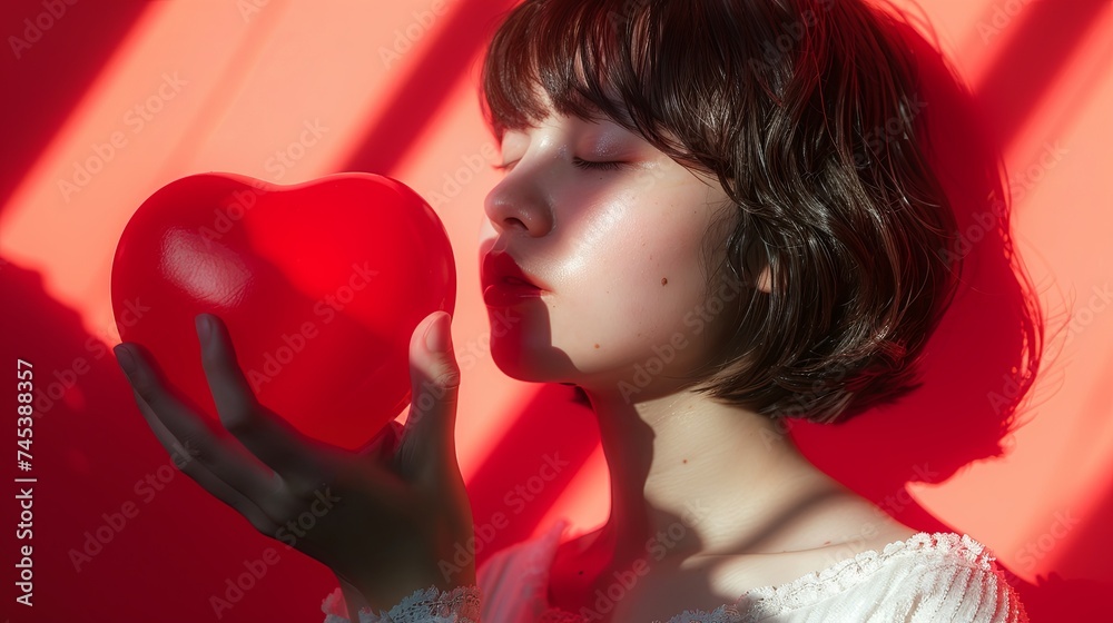 A beautiful young woman holds a red heart in her hands. Love concept for Valentine's Day. Illustration for cover, card, postcard, interior design, decor or print.