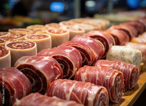 Artfully arranged rolls of meat on display at a local food market.