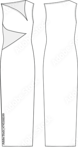 asymmetrical neck sleeveless straight shift h line long maxi dress neck low-cut. template technical drawing fashion flat sketch cad mockup woman
