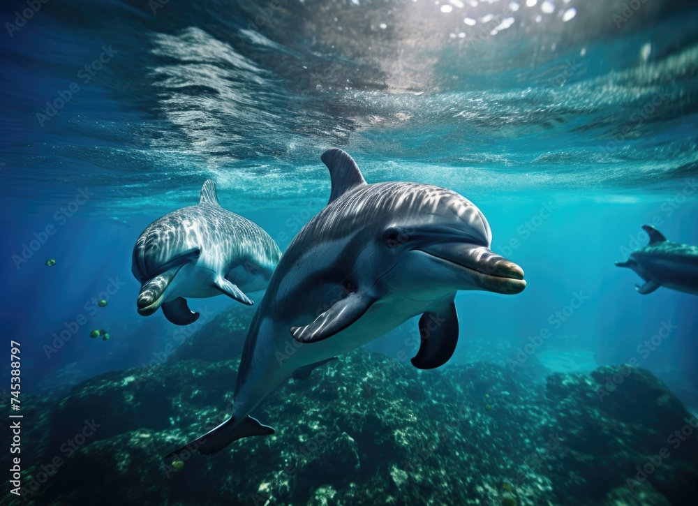 Obraz premium Dolphins swimming in the ocean.