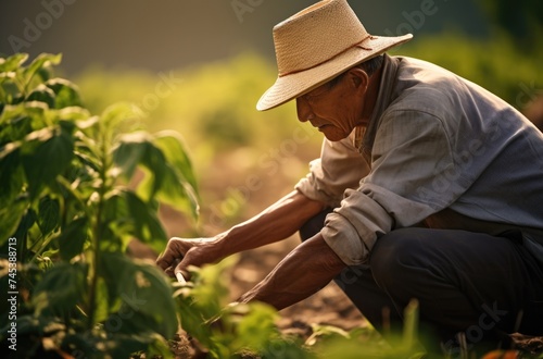 Man planting peppers in field.