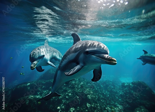 Dolphins swimming in the ocean.