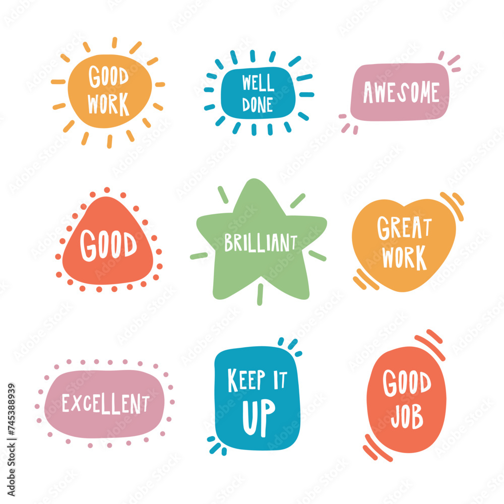 Motivational stickers vector illustrations. Good job well done great work cartoon stickers.
