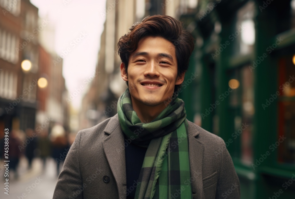 Man standing on street with scarf around neck.	