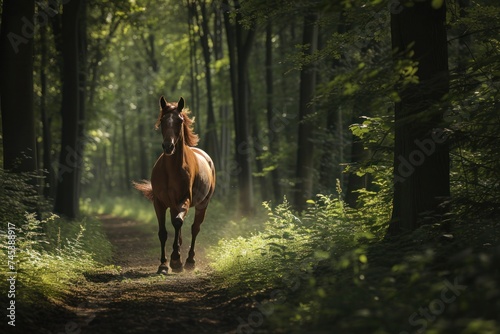 Sorrel horse gallops through wooded path, working animal in natural landscape © Anna