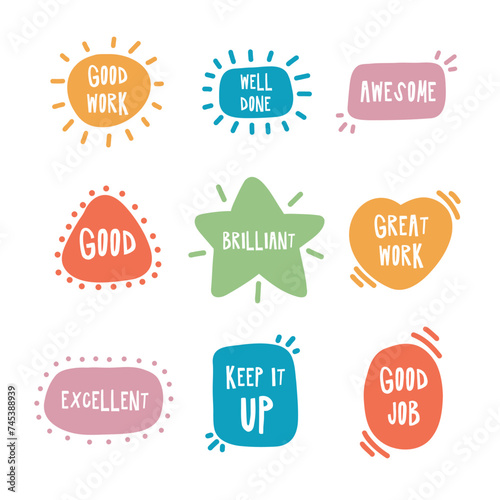 Motivational stickers vector illustrations. Good job well done great work cartoon stickers. photo