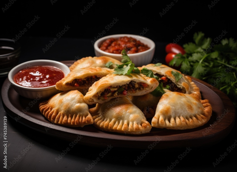 Golden-brown empanadas served on a platter with fresh salsa and herbs. Golden-brown empanadas served on a platter with fresh salsa and herbs.
