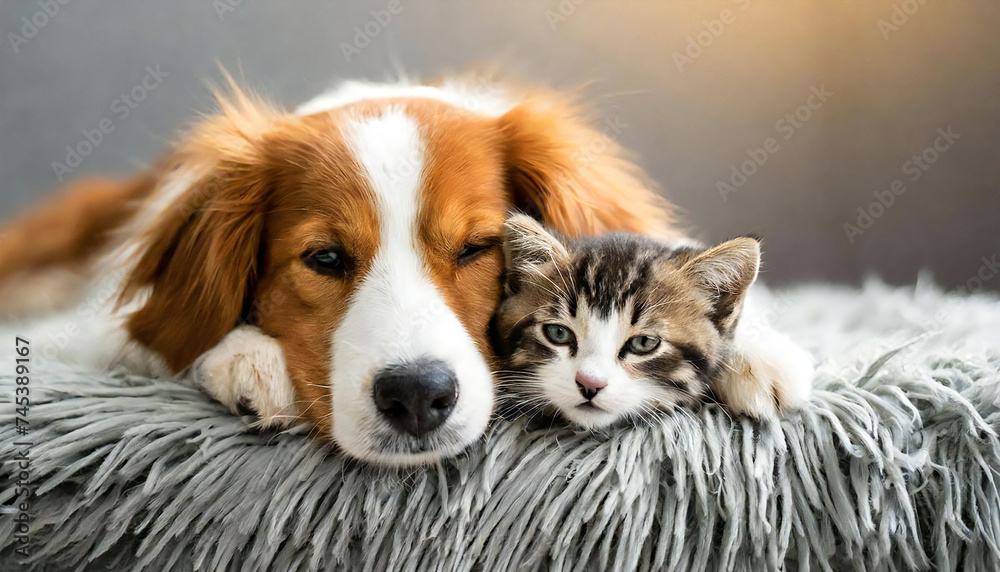 寄り添う犬と猫。ペット。家族。仲良しな犬と猫のイメージ。A dog and cat cuddling. pet. family. An image of a friendly dog and cat.