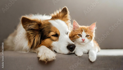 寄り添う犬と猫。ペット。家族。仲良しな犬と猫のイメージ。A dog and cat cuddling. pet. family. An image of a friendly dog and cat. © seven sheep