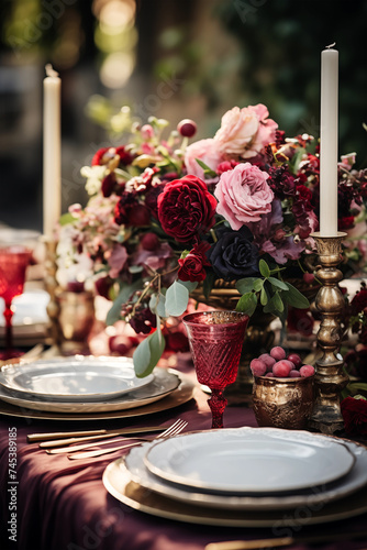 Beautifully set table for outdoor dinner with a bouquet of pirple and pink flowers, luxury porcelain and candles photo