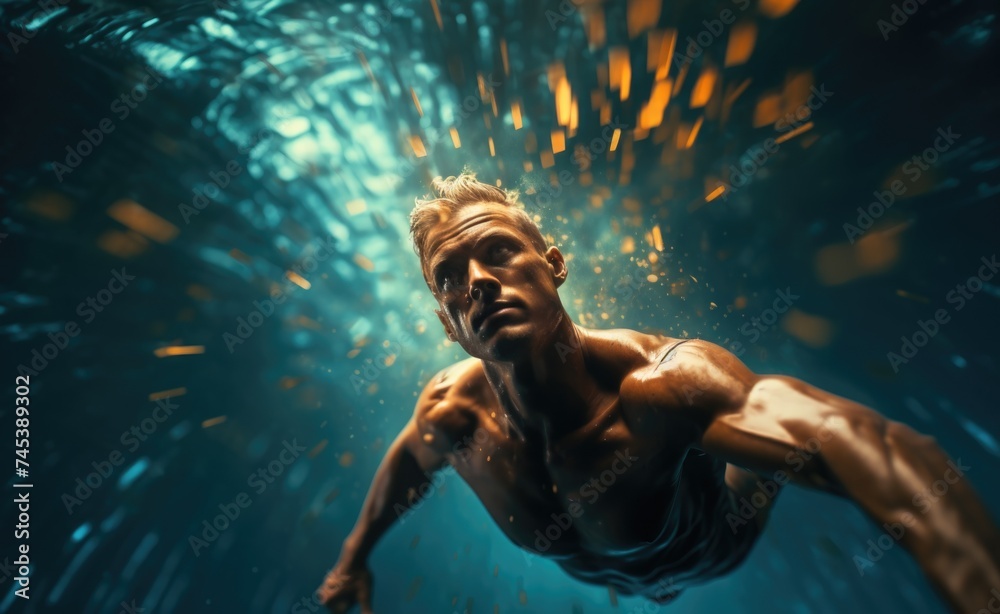 Athletic Man Swimming Underwater in an Indoor Pool at Twilight