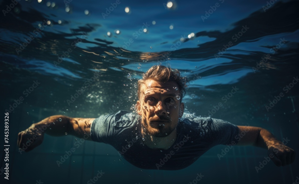 Athletic Man Swimming Underwater in an Indoor Pool at Twilight - obrazy, fototapety, plakaty 