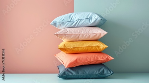 a stack of four pillows sitting on top of a blue and pink wall next to a pink and blue wall. photo
